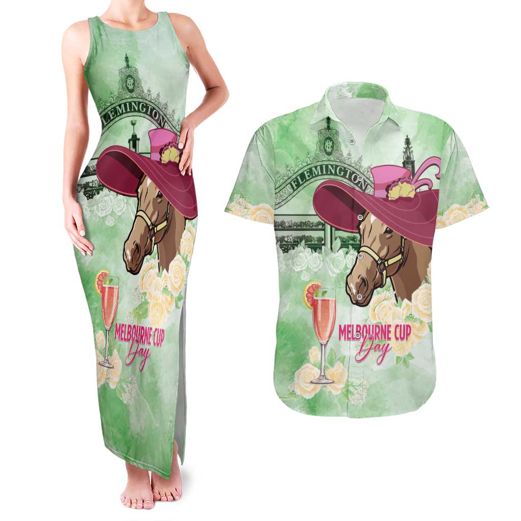 Australia Cup Melbourne Horse Racing Couples Matching Tank Maxi Dress and Hawaiian Shirt Hats Heels & Horseshoes Yellow Roses - Wonder Print Shop