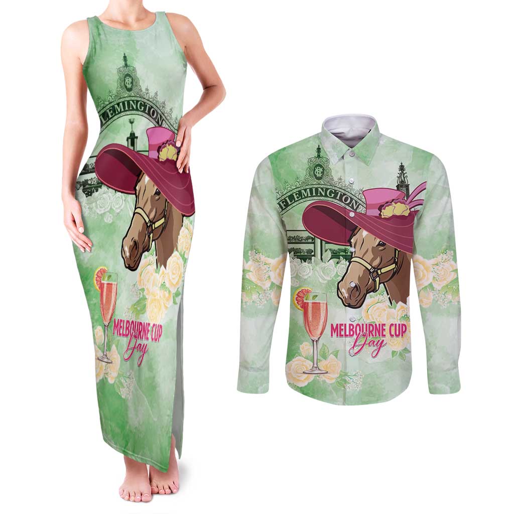 Australia Cup Melbourne Horse Racing Couples Matching Tank Maxi Dress and Long Sleeve Button Shirt Hats Heels & Horseshoes Yellow Roses - Wonder Print Shop