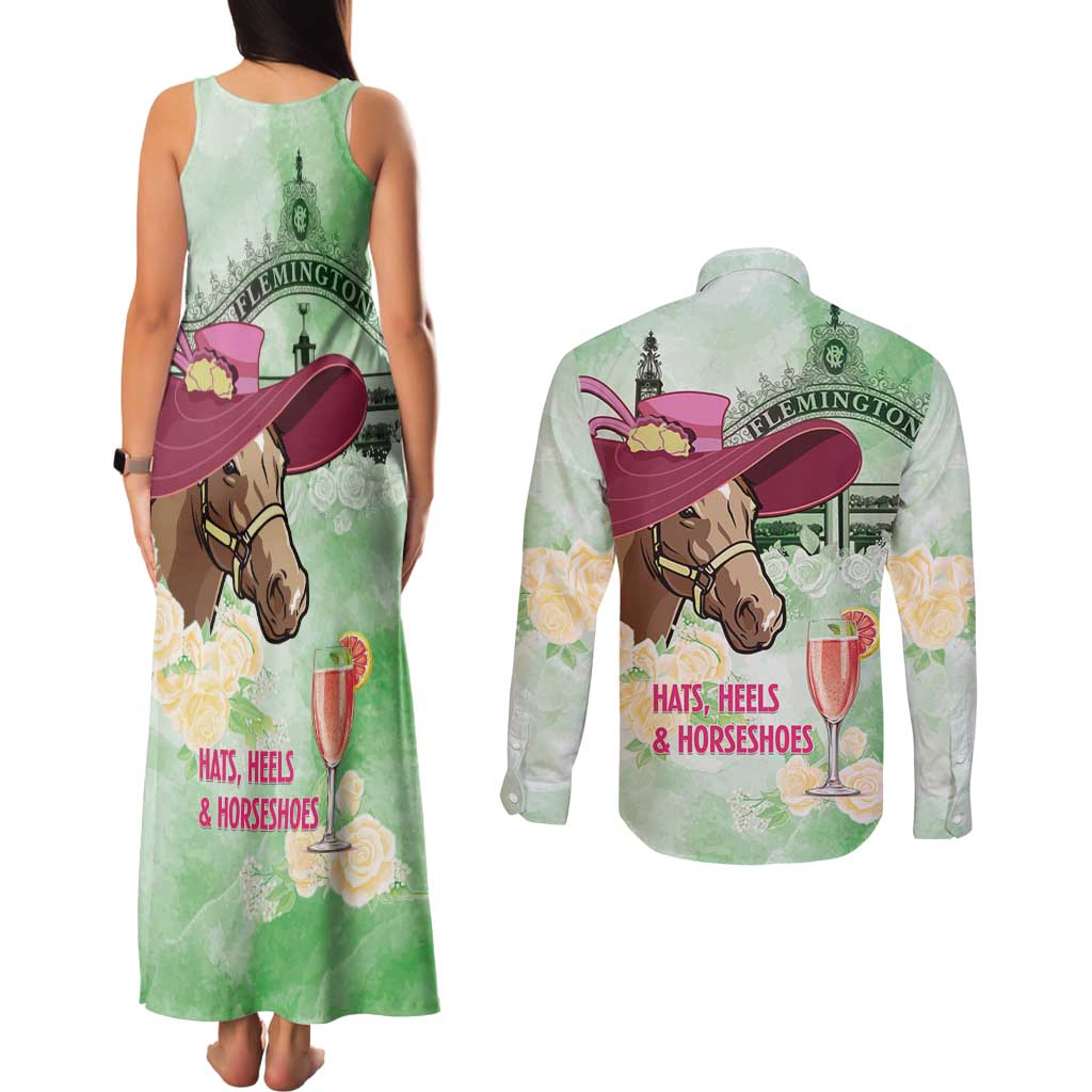 Australia Cup Melbourne Horse Racing Couples Matching Tank Maxi Dress and Long Sleeve Button Shirt Hats Heels & Horseshoes Yellow Roses - Wonder Print Shop