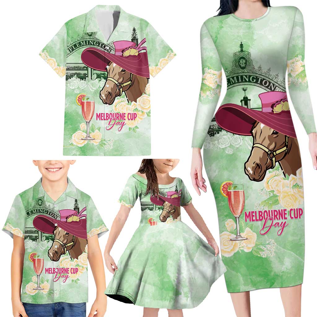 Australia Cup Melbourne Horse Racing Family Matching Long Sleeve Bodycon Dress and Hawaiian Shirt Hats Heels & Horseshoes Yellow Roses - Wonder Print Shop