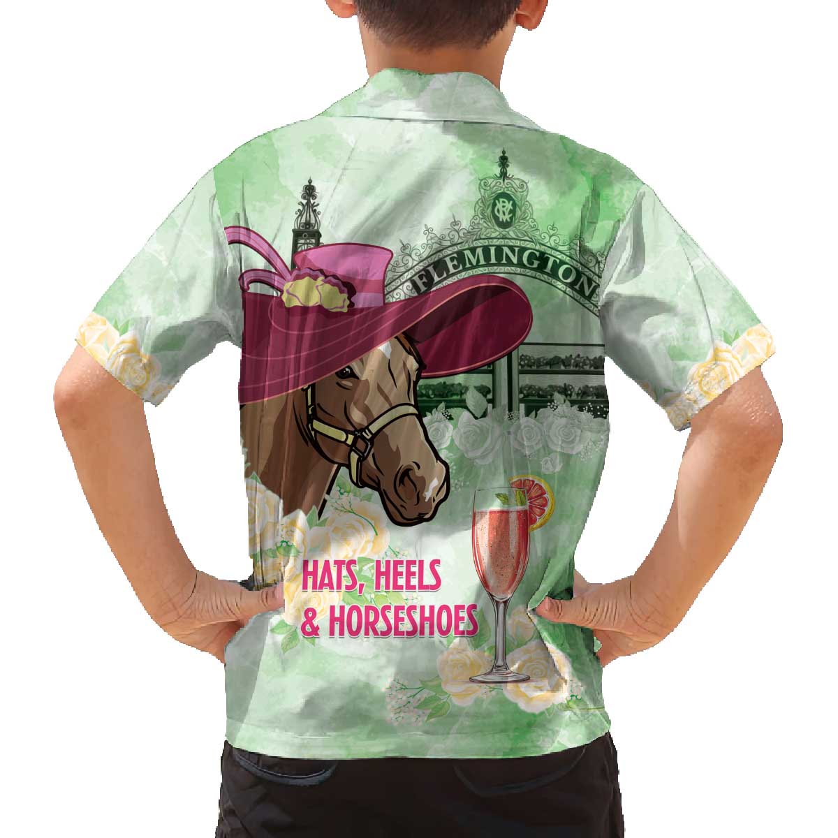 Australia Cup Melbourne Horse Racing Family Matching Off The Shoulder Long Sleeve Dress and Hawaiian Shirt Hats Heels & Horseshoes Yellow Roses - Wonder Print Shop