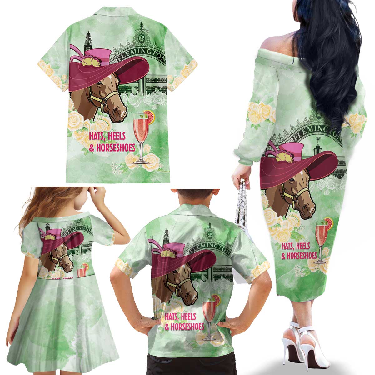 Australia Cup Melbourne Horse Racing Family Matching Off The Shoulder Long Sleeve Dress and Hawaiian Shirt Hats Heels & Horseshoes Yellow Roses - Wonder Print Shop