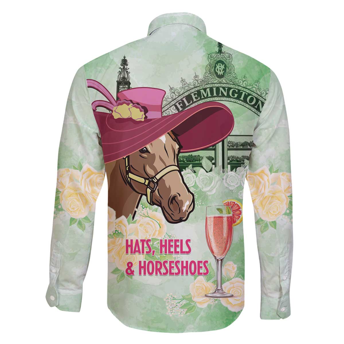 Australia Cup Melbourne Horse Racing Family Matching Off The Shoulder Long Sleeve Dress and Hawaiian Shirt Hats Heels & Horseshoes Yellow Roses - Wonder Print Shop