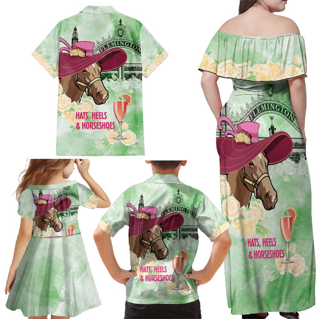Australia Cup Melbourne Horse Racing Family Matching Off Shoulder Maxi Dress and Hawaiian Shirt Hats Heels & Horseshoes Yellow Roses - Wonder Print Shop