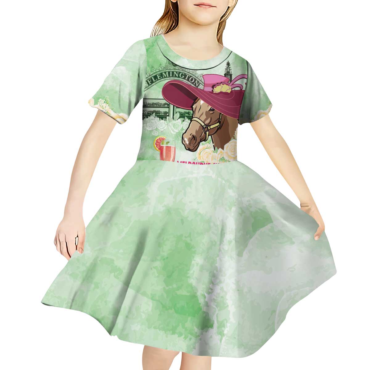 Australia Cup Melbourne Horse Racing Kid Short Sleeve Dress Hats Heels & Horseshoes Yellow Roses - Wonder Print Shop