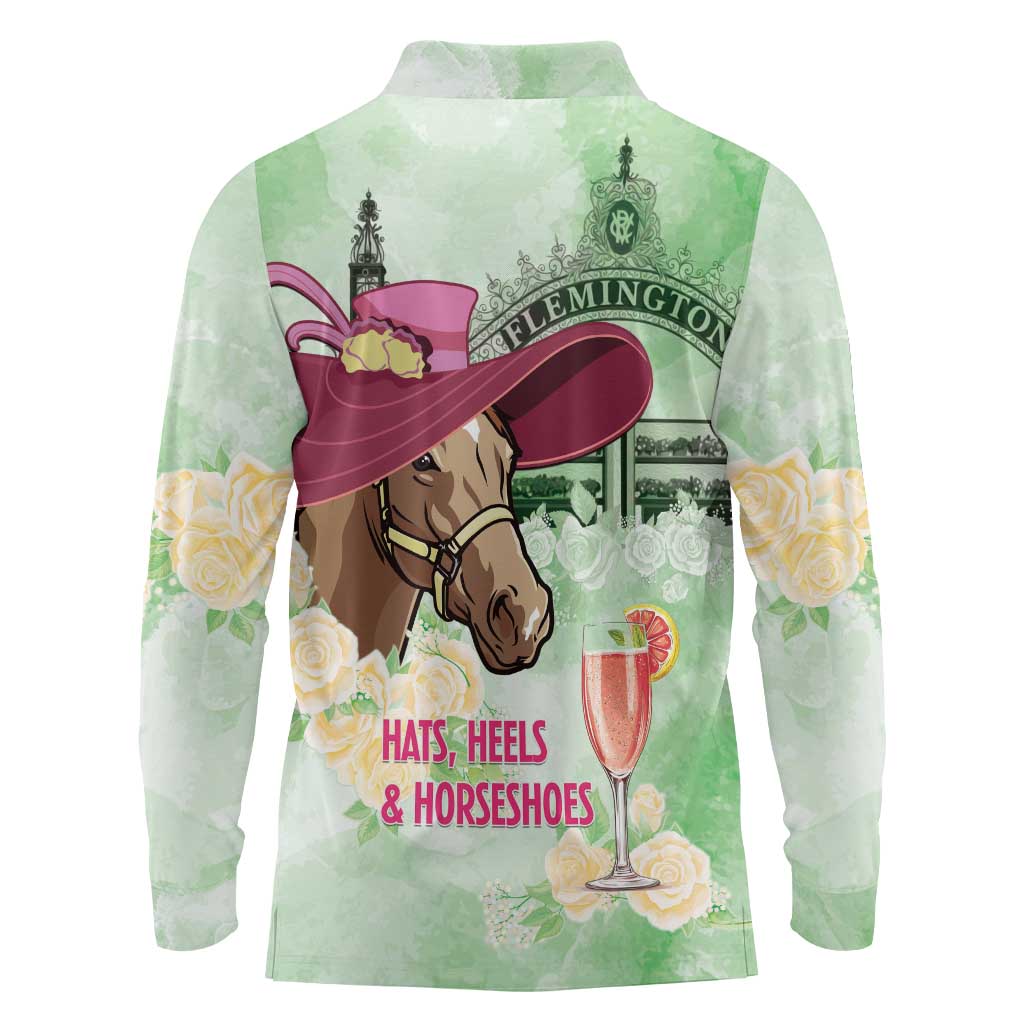 Australia Cup Melbourne Horse Racing Long Sleeve Polo Shirt Hats Heels & Horseshoes Yellow Roses - Wonder Print Shop
