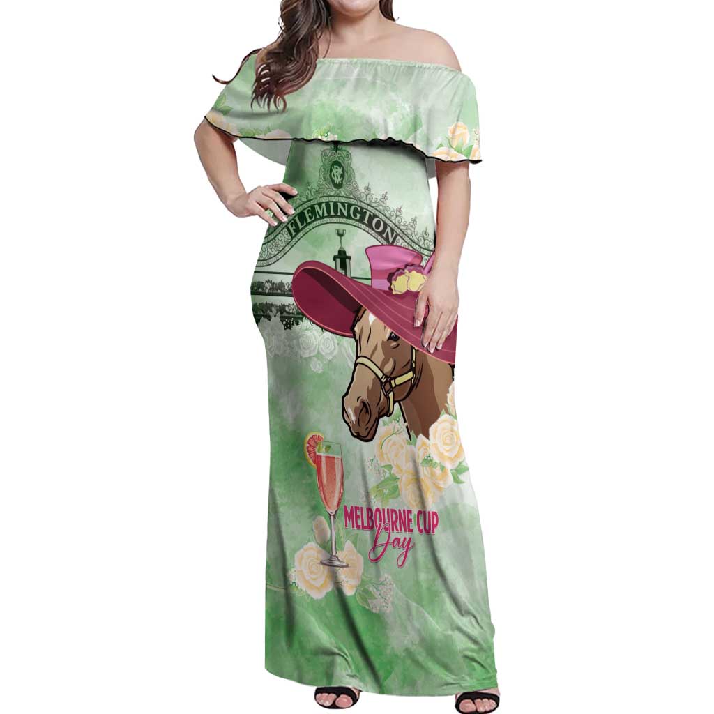 Australia Cup Melbourne Horse Racing Off Shoulder Maxi Dress Hats Heels & Horseshoes Yellow Roses - Wonder Print Shop