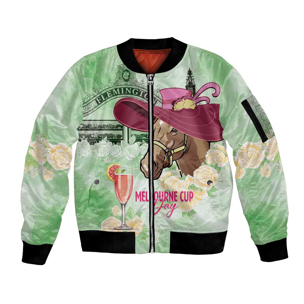Australia Cup Melbourne Horse Racing Sleeve Zip Bomber Jacket Hats Heels & Horseshoes Yellow Roses - Wonder Print Shop