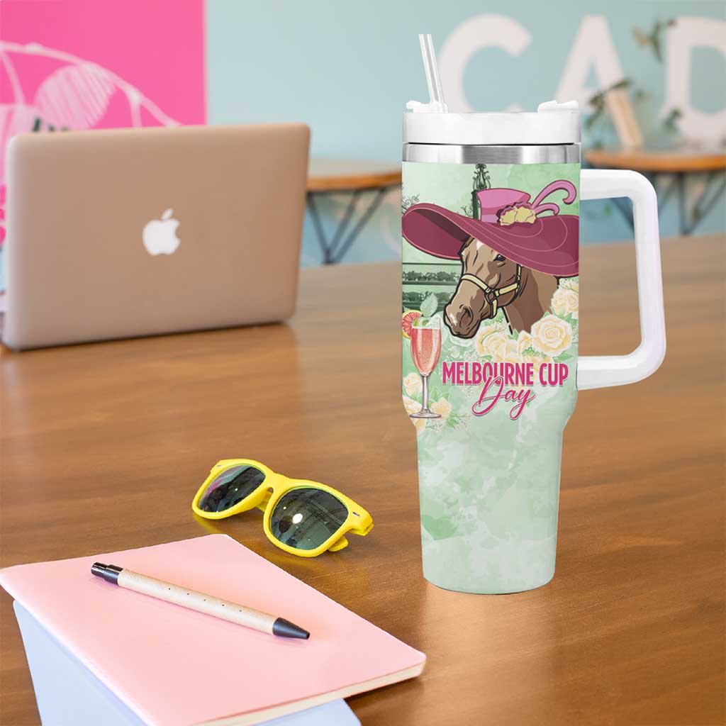 Australia Cup Melbourne Horse Racing Tumbler With Handle Hats Heels & Horseshoes Yellow Roses - Wonder Print Shop