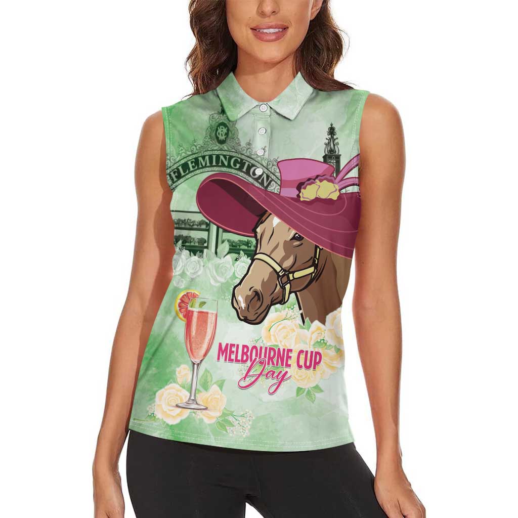 Australia Cup Melbourne Horse Racing Women Sleeveless Polo Shirt Hats Heels & Horseshoes Yellow Roses - Wonder Print Shop