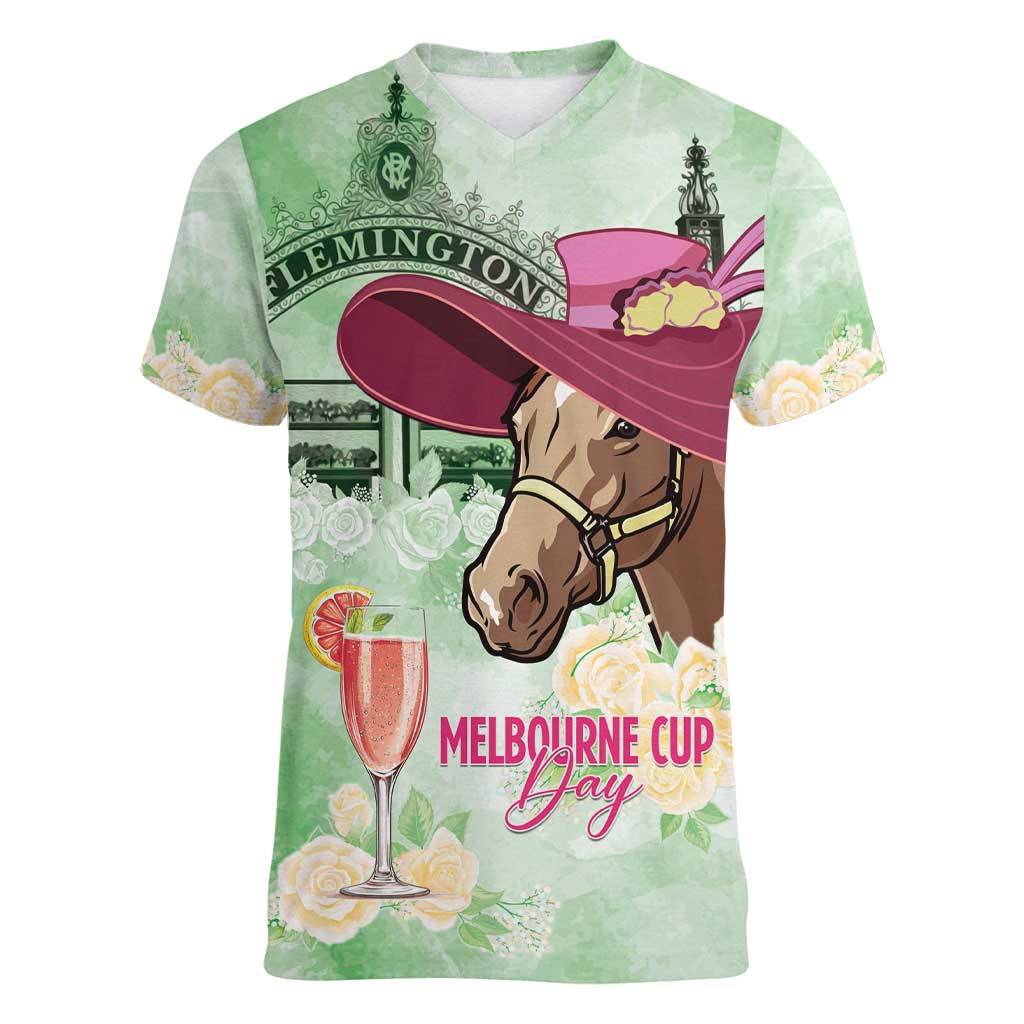 Australia Cup Melbourne Horse Racing Women V-Neck T-Shirt Hats Heels & Horseshoes Yellow Roses - Wonder Print Shop