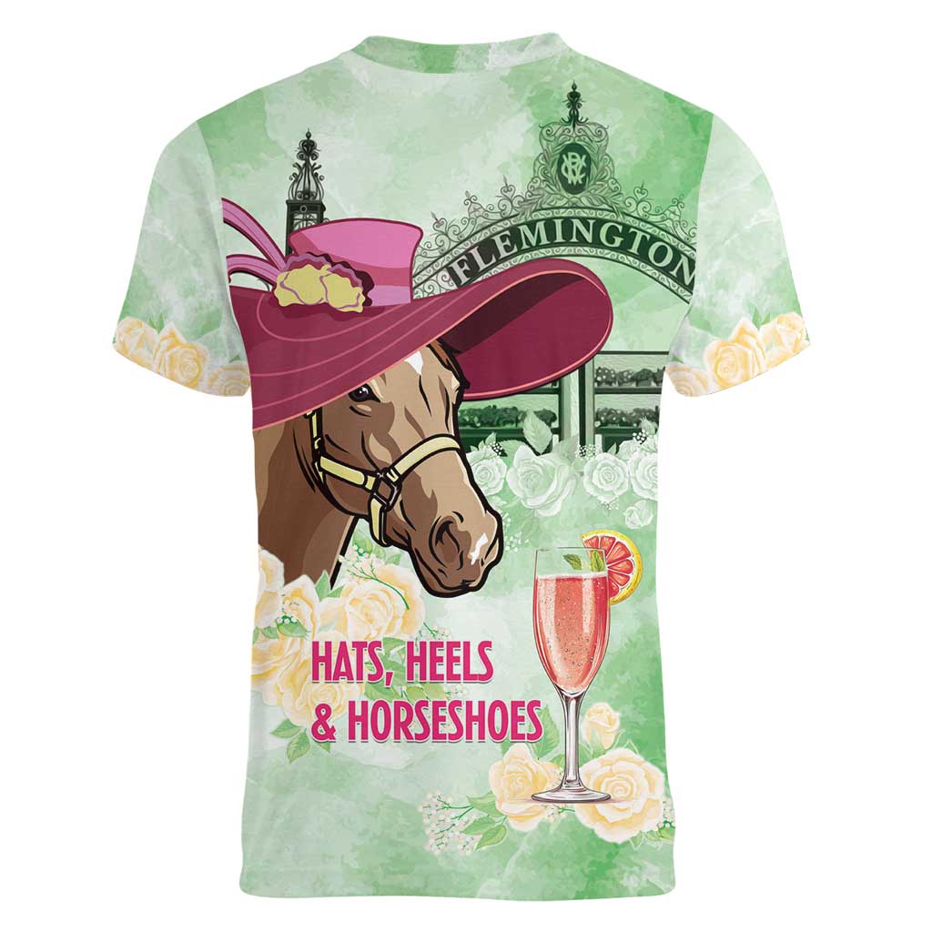 Australia Cup Melbourne Horse Racing Women V-Neck T-Shirt Hats Heels & Horseshoes Yellow Roses - Wonder Print Shop