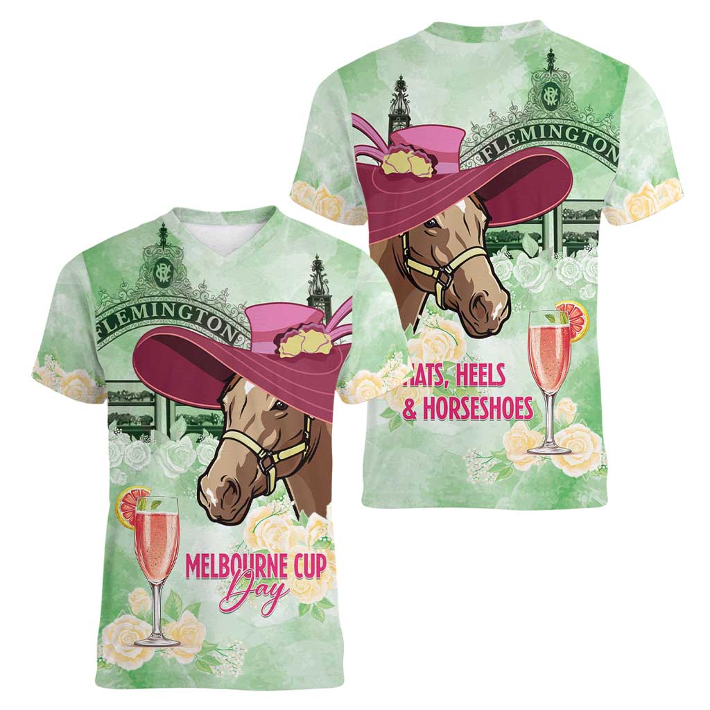 Australia Cup Melbourne Horse Racing Women V-Neck T-Shirt Hats Heels & Horseshoes Yellow Roses - Wonder Print Shop