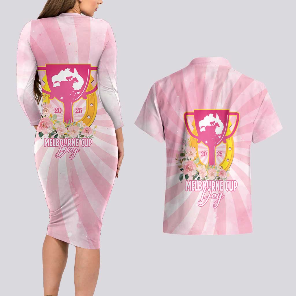 Australia Cup Melbourne Horse Racing Couples Matching Long Sleeve Bodycon Dress and Hawaiian Shirt 2025 Champion Trophy With Horseshoe - Wonder Print Shop