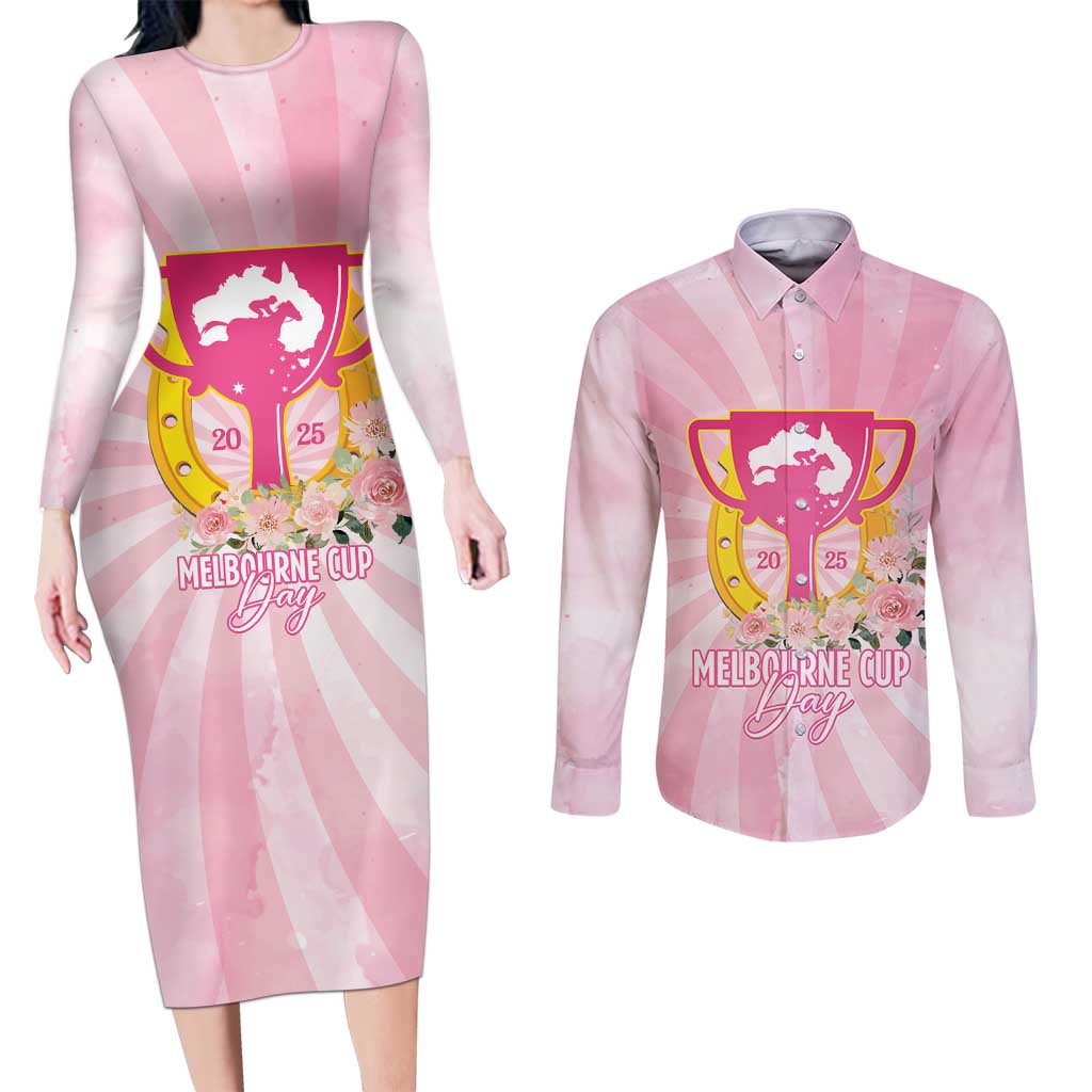 Australia Cup Melbourne Horse Racing Couples Matching Long Sleeve Bodycon Dress and Long Sleeve Button Shirt 2025 Champion Trophy With Horseshoe - Wonder Print Shop