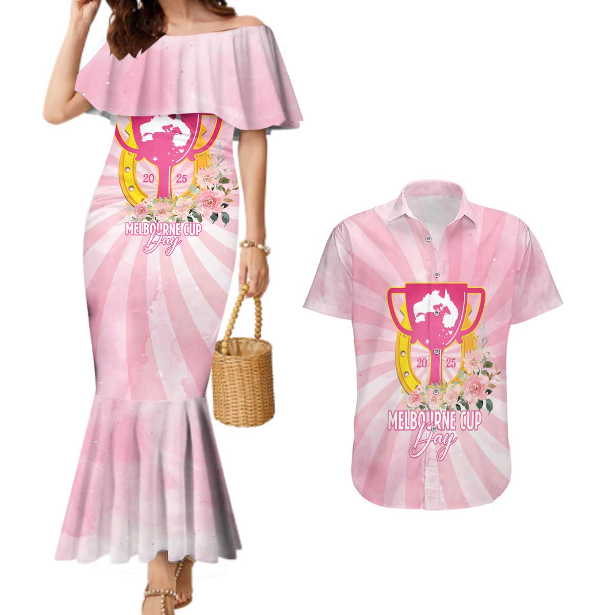 Australia Cup Melbourne Horse Racing Couples Matching Mermaid Dress and Hawaiian Shirt 2025 Champion Trophy With Horseshoe - Wonder Print Shop