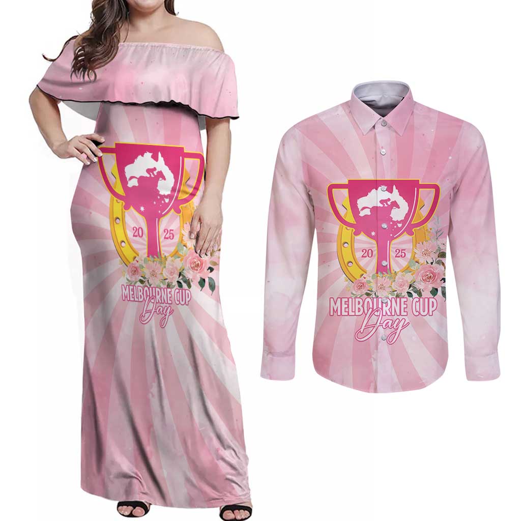Australia Cup Melbourne Horse Racing Couples Matching Off Shoulder Maxi Dress and Long Sleeve Button Shirt 2025 Champion Trophy With Horseshoe - Wonder Print Shop
