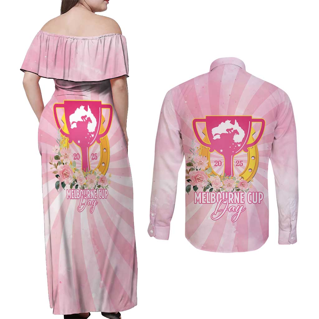 Australia Cup Melbourne Horse Racing Couples Matching Off Shoulder Maxi Dress and Long Sleeve Button Shirt 2025 Champion Trophy With Horseshoe - Wonder Print Shop