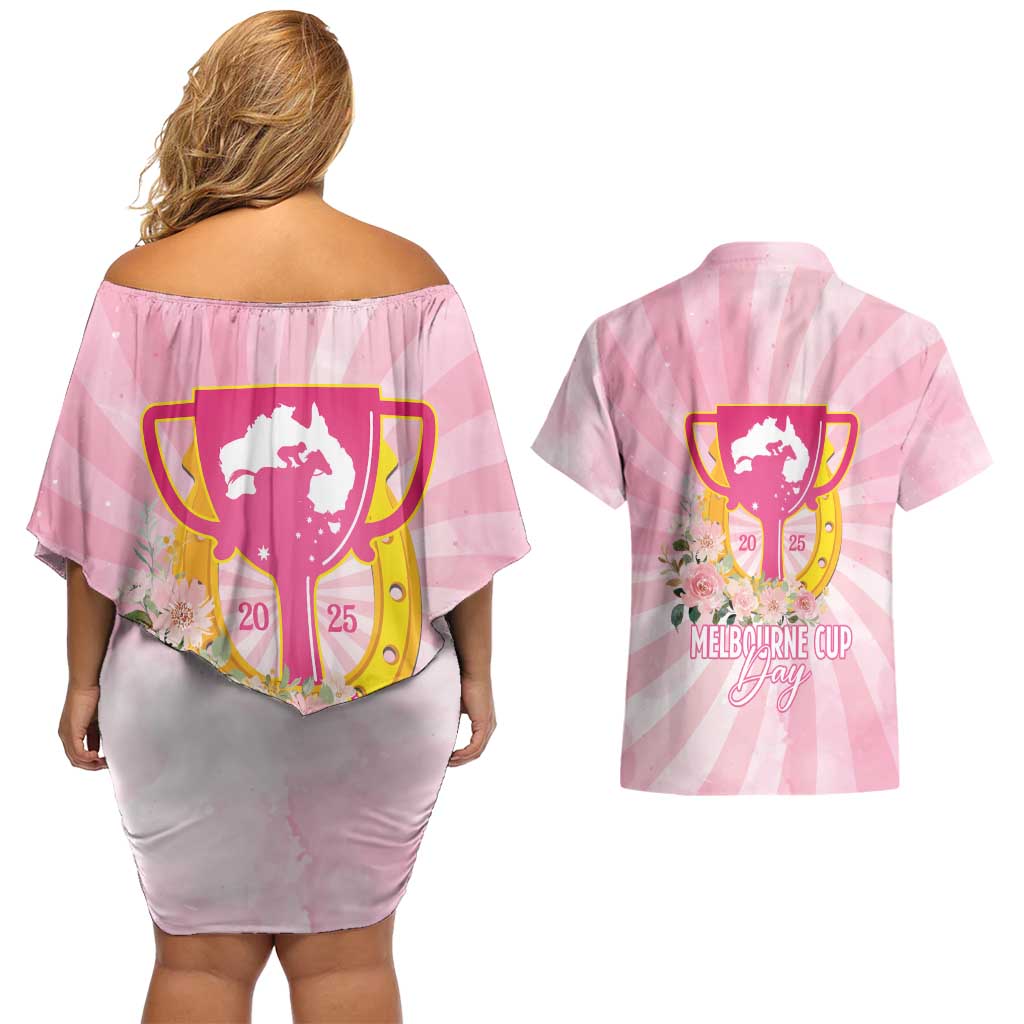Australia Cup Melbourne Horse Racing Couples Matching Off Shoulder Short Dress and Hawaiian Shirt 2025 Champion Trophy With Horseshoe - Wonder Print Shop