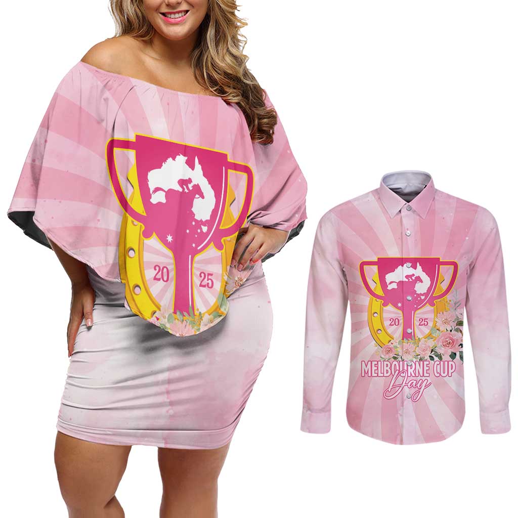 Australia Cup Melbourne Horse Racing Couples Matching Off Shoulder Short Dress and Long Sleeve Button Shirt 2025 Champion Trophy With Horseshoe - Wonder Print Shop