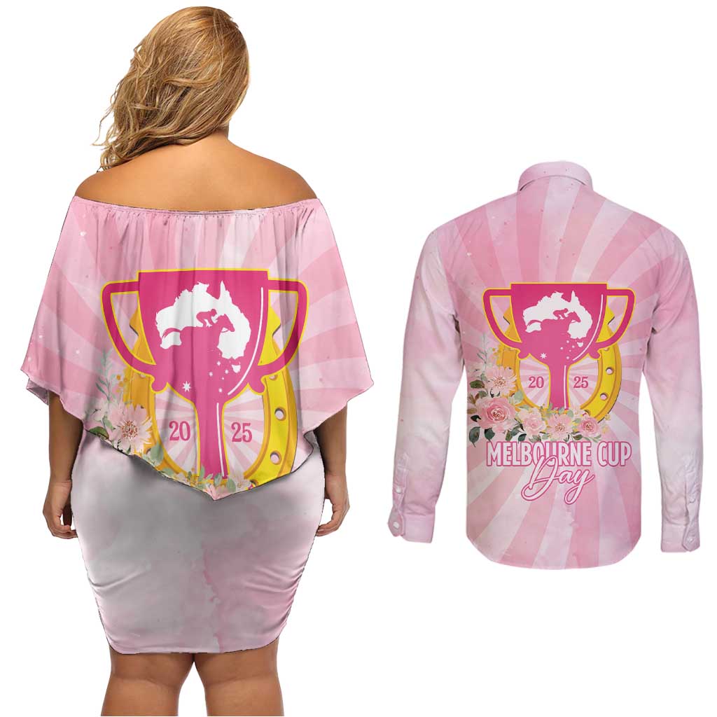 Australia Cup Melbourne Horse Racing Couples Matching Off Shoulder Short Dress and Long Sleeve Button Shirt 2025 Champion Trophy With Horseshoe - Wonder Print Shop