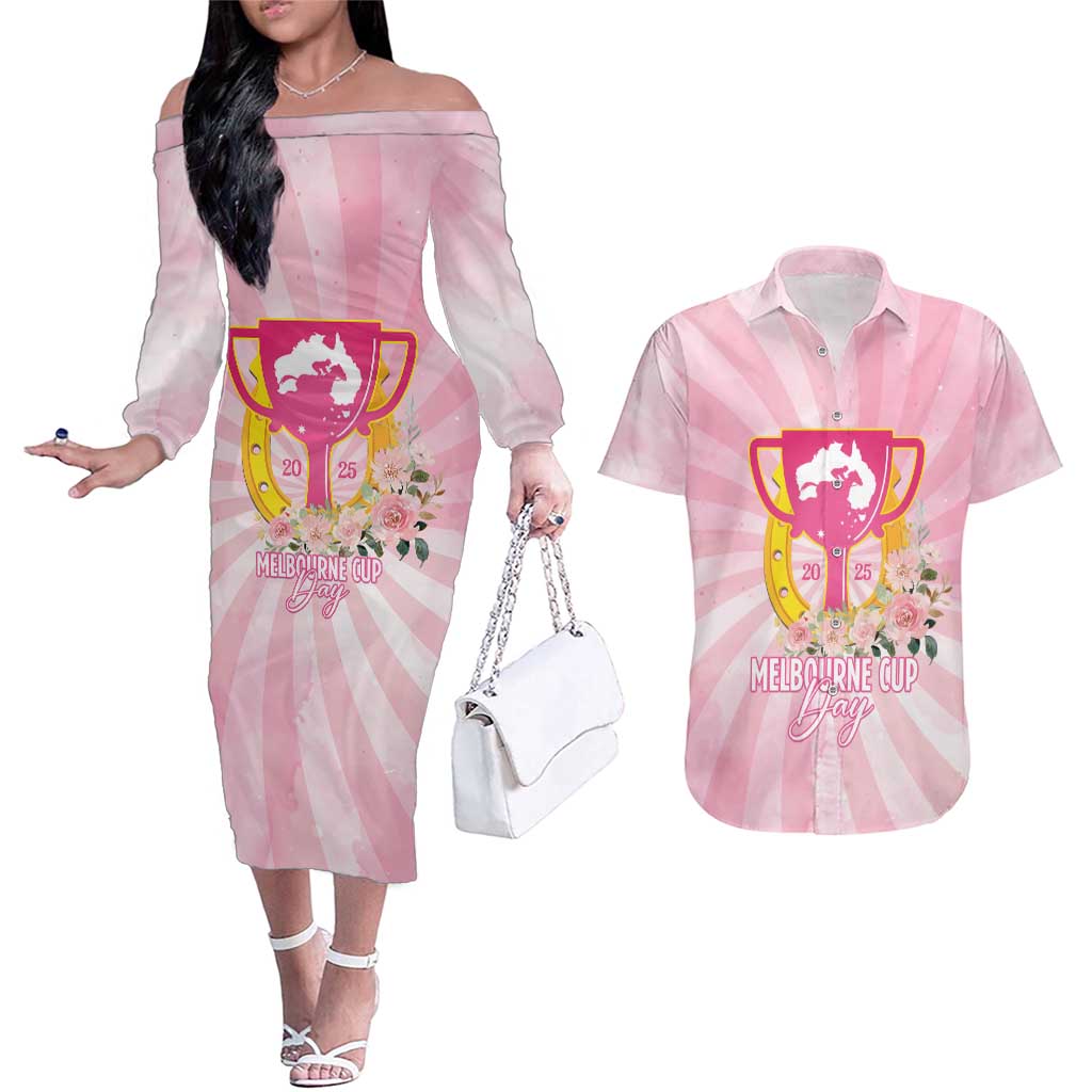 Australia Cup Melbourne Horse Racing Couples Matching Off The Shoulder Long Sleeve Dress and Hawaiian Shirt 2025 Champion Trophy With Horseshoe - Wonder Print Shop
