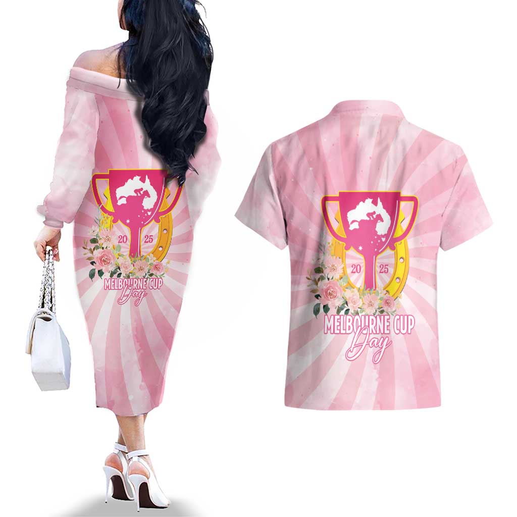 Australia Cup Melbourne Horse Racing Couples Matching Off The Shoulder Long Sleeve Dress and Hawaiian Shirt 2025 Champion Trophy With Horseshoe - Wonder Print Shop