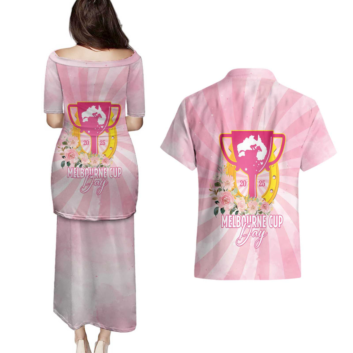 Australia Cup Melbourne Horse Racing Couples Matching Puletasi and Hawaiian Shirt 2025 Champion Trophy With Horseshoe - Wonder Print Shop