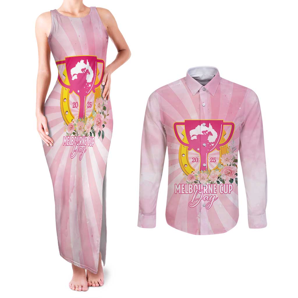 Australia Cup Melbourne Horse Racing Couples Matching Tank Maxi Dress and Long Sleeve Button Shirt 2025 Champion Trophy With Horseshoe - Wonder Print Shop