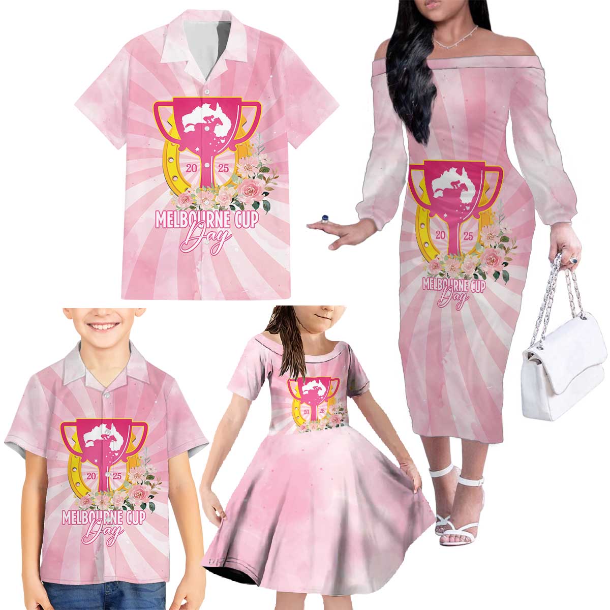 Australia Cup Melbourne Horse Racing Family Matching Off The Shoulder Long Sleeve Dress and Hawaiian Shirt 2025 Champion Trophy With Horseshoe - Wonder Print Shop