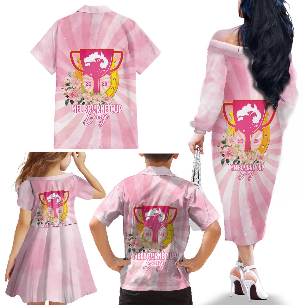 Australia Cup Melbourne Horse Racing Family Matching Off The Shoulder Long Sleeve Dress and Hawaiian Shirt 2025 Champion Trophy With Horseshoe - Wonder Print Shop
