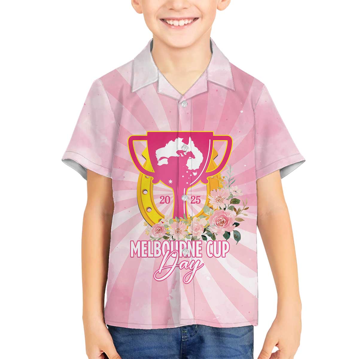 Australia Cup Melbourne Horse Racing Family Matching Off The Shoulder Long Sleeve Dress and Hawaiian Shirt 2025 Champion Trophy With Horseshoe - Wonder Print Shop