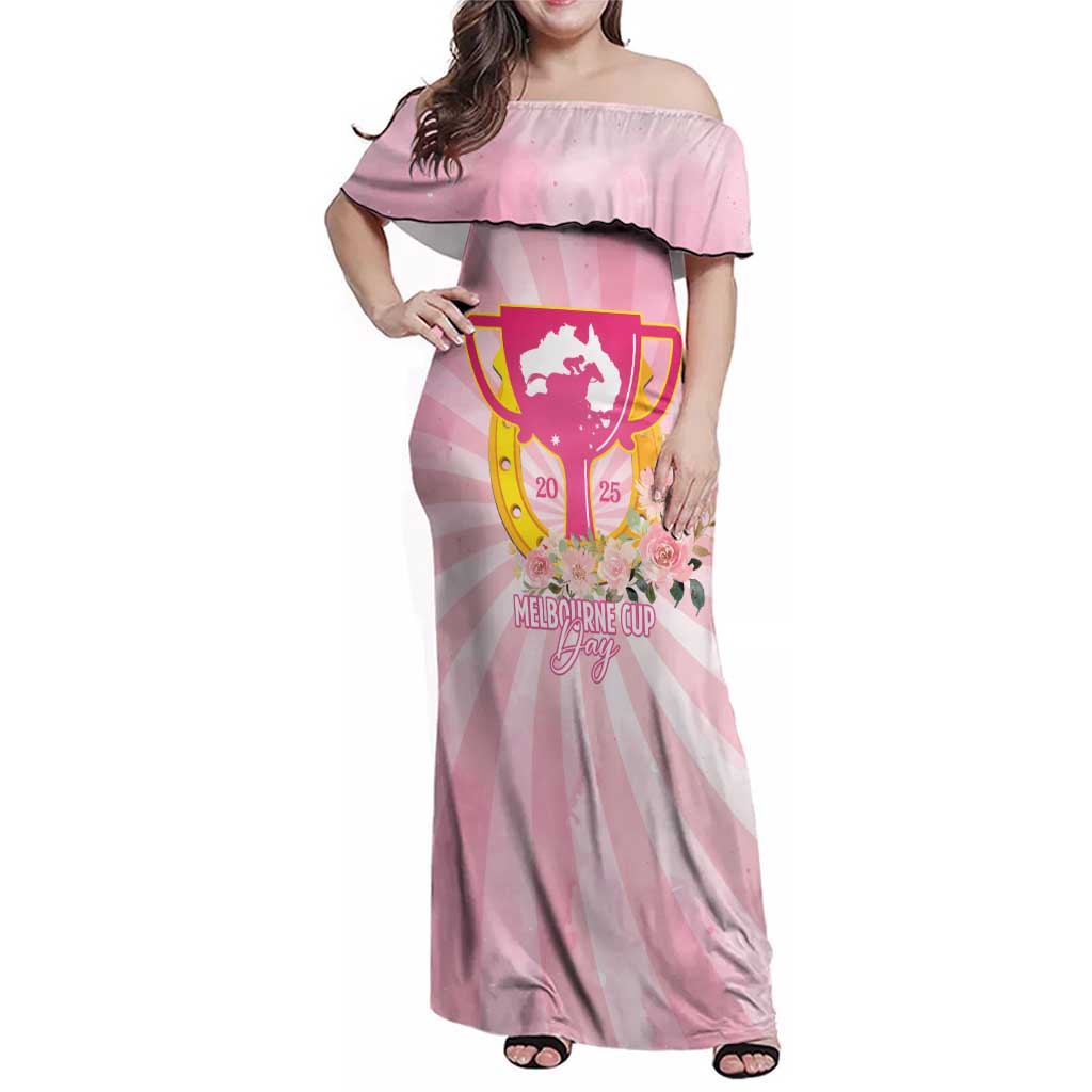 Australia Cup Melbourne Horse Racing Family Matching Off Shoulder Maxi Dress and Hawaiian Shirt 2025 Champion Trophy With Horseshoe - Wonder Print Shop