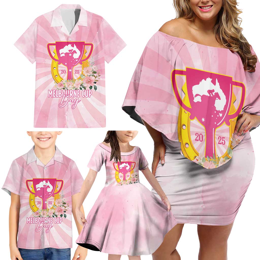 Australia Cup Melbourne Horse Racing Family Matching Off Shoulder Short Dress and Hawaiian Shirt 2025 Champion Trophy With Horseshoe - Wonder Print Shop