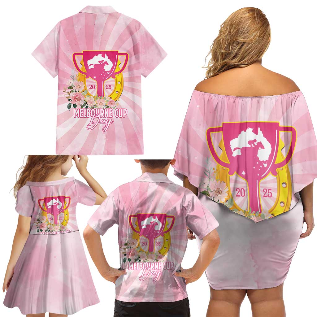 Australia Cup Melbourne Horse Racing Family Matching Off Shoulder Short Dress and Hawaiian Shirt 2025 Champion Trophy With Horseshoe - Wonder Print Shop