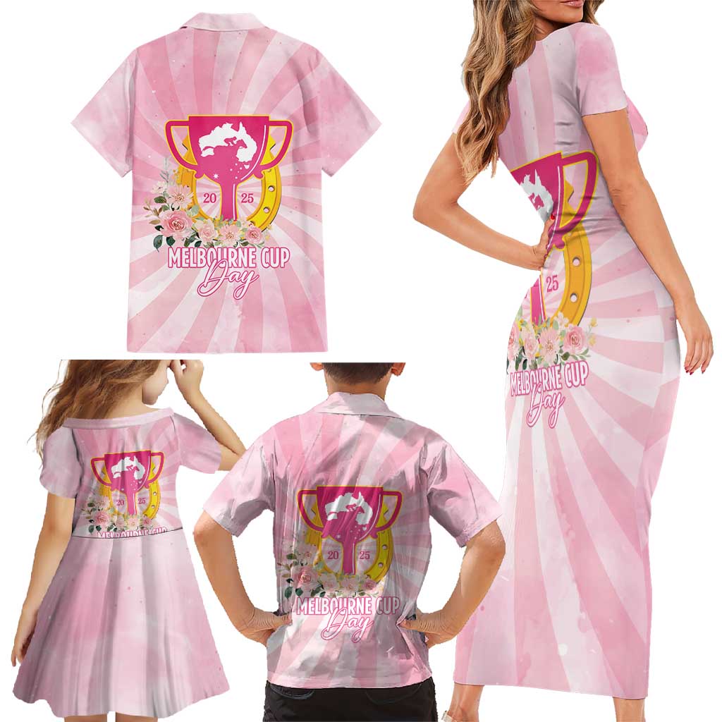 Australia Cup Melbourne Horse Racing Family Matching Short Sleeve Bodycon Dress and Hawaiian Shirt 2025 Champion Trophy With Horseshoe - Wonder Print Shop