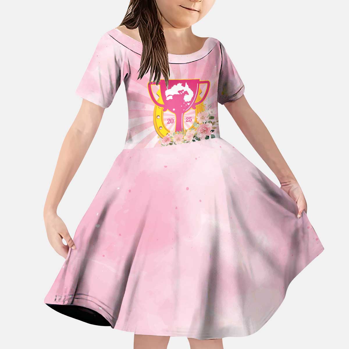 Australia Cup Melbourne Horse Racing Kid Short Sleeve Dress 2025 Champion Trophy With Horseshoe - Wonder Print Shop
