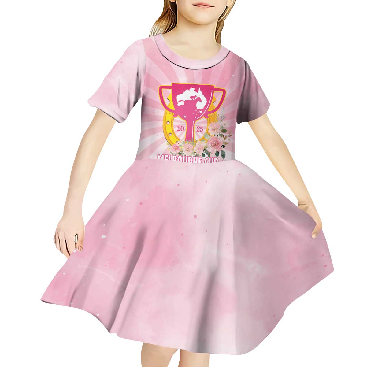Australia Cup Melbourne Horse Racing Kid Short Sleeve Dress 2025 Champion Trophy With Horseshoe - Wonder Print Shop