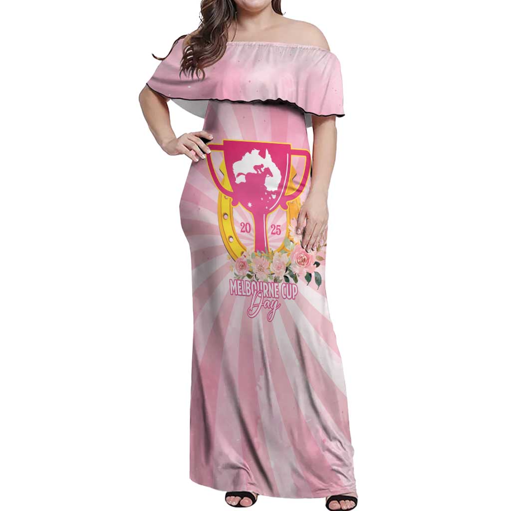 Australia Cup Melbourne Horse Racing Off Shoulder Maxi Dress 2025 Champion Trophy With Horseshoe - Wonder Print Shop