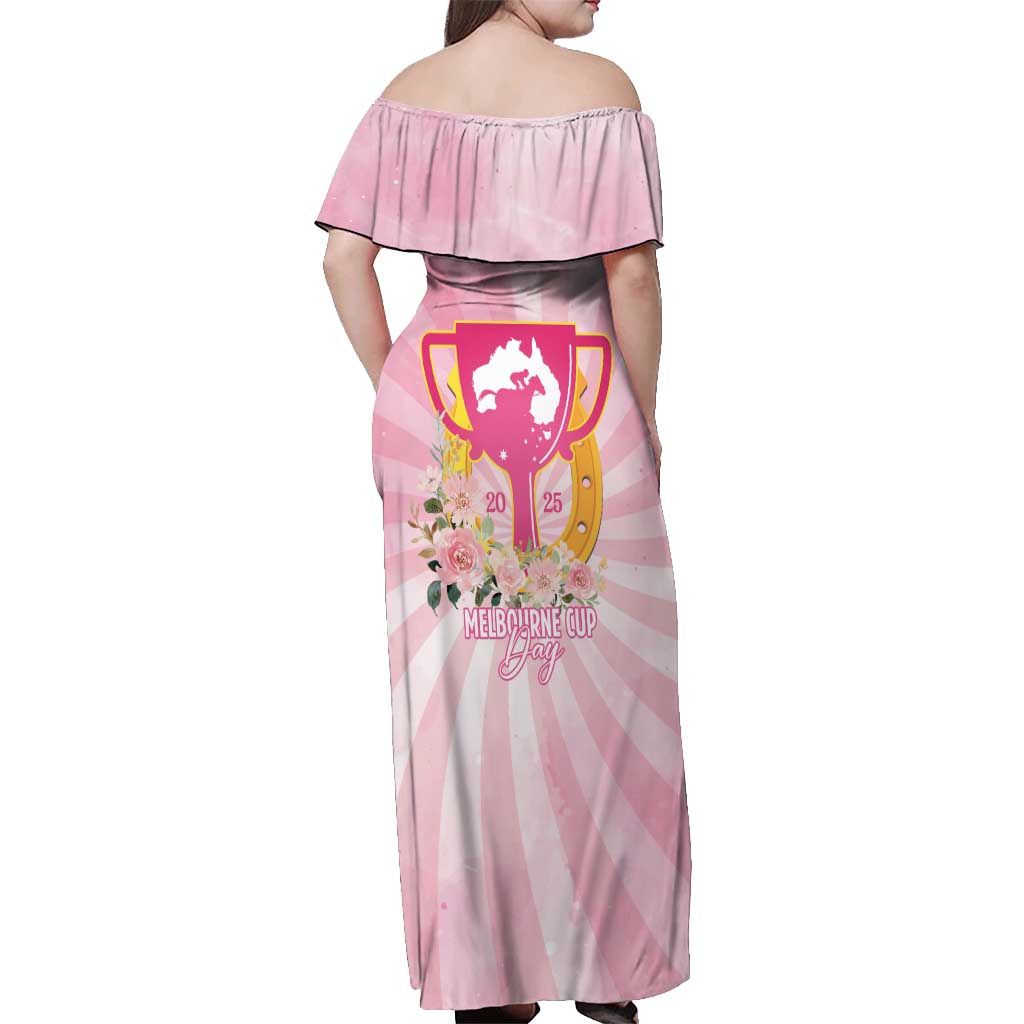 Australia Cup Melbourne Horse Racing Off Shoulder Maxi Dress 2025 Champion Trophy With Horseshoe - Wonder Print Shop