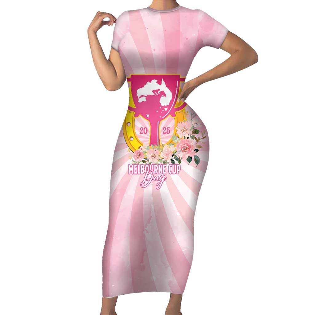 Australia Cup Melbourne Horse Racing Short Sleeve Bodycon Dress 2025 Champion Trophy With Horseshoe - Wonder Print Shop