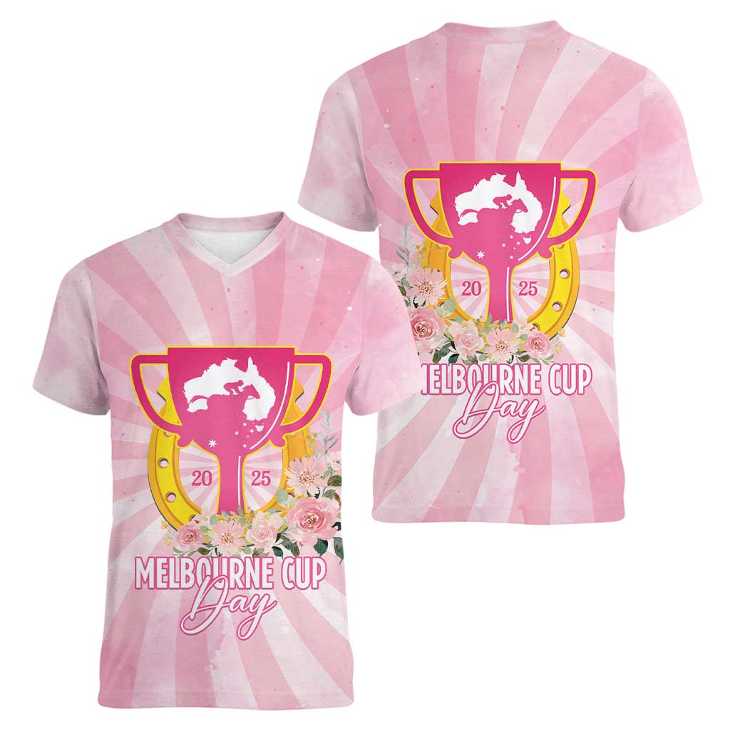 Australia Cup Melbourne Horse Racing Women V-Neck T-Shirt 2025 Champion Trophy With Horseshoe - Wonder Print Shop