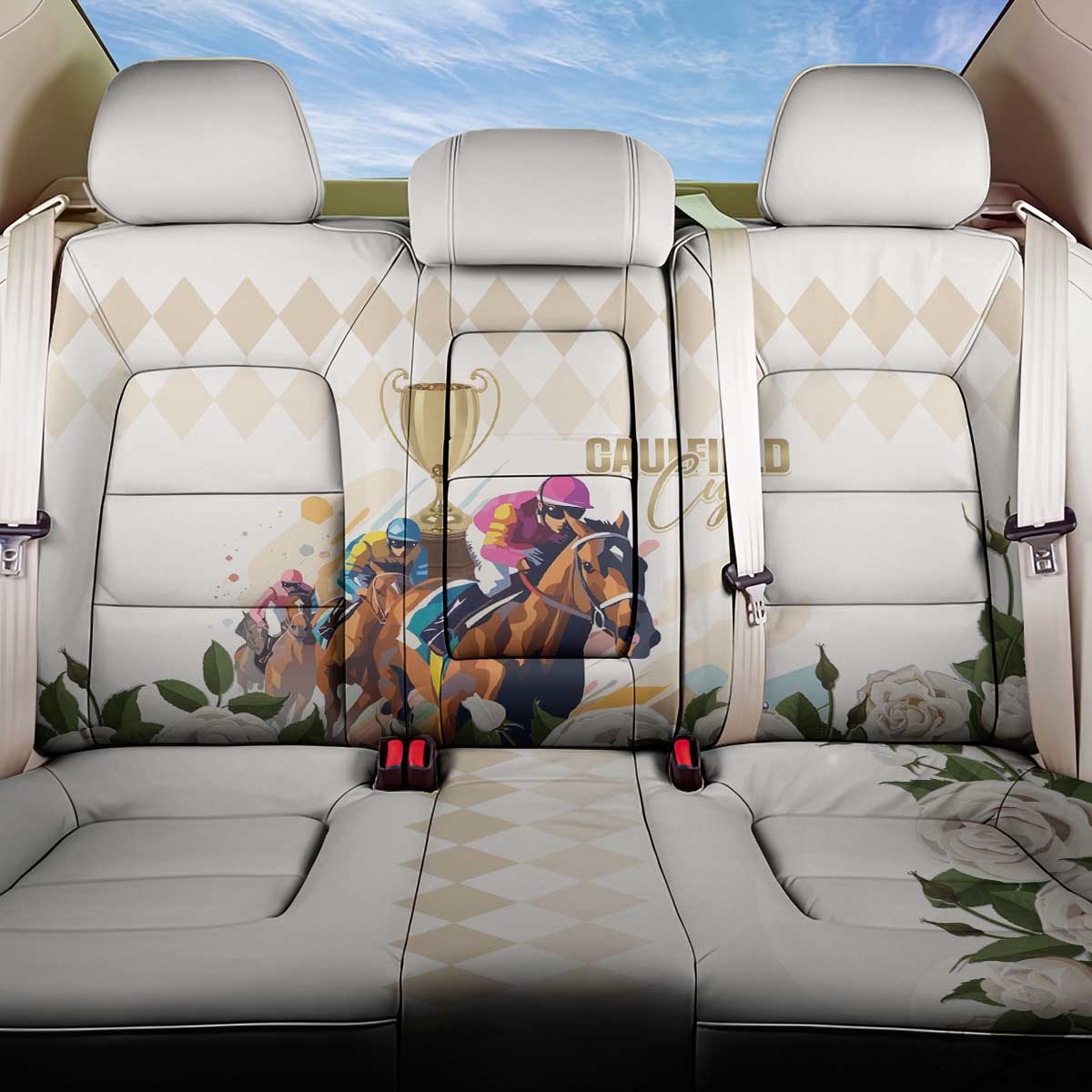 Australia Cup Caulfield Horse Racing Back Car Seat Cover Champion Trophy Mix White Roses - Wonder Print Shop