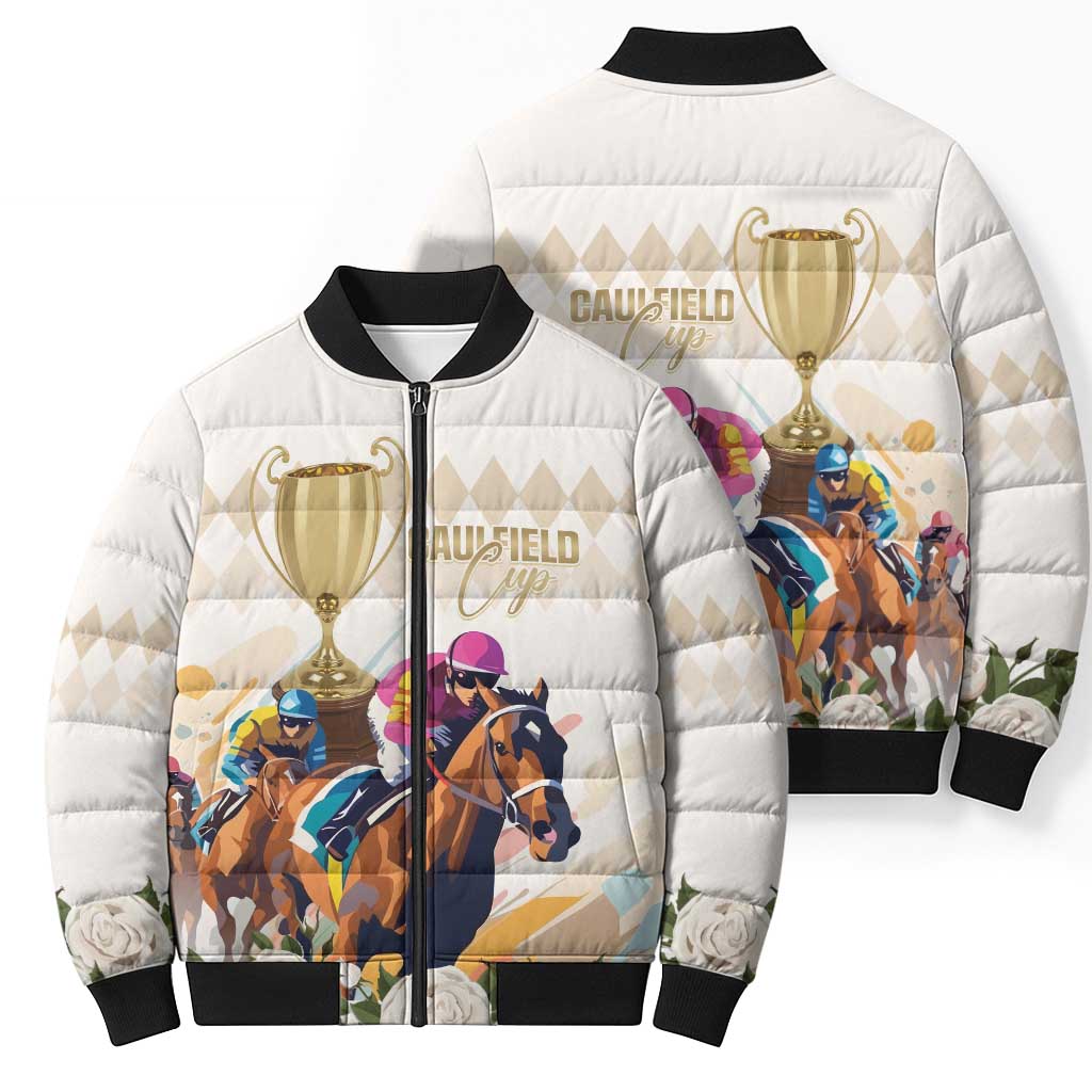 Australia Cup Caulfield Horse Racing Bomber Puffer Jacket Champion Trophy Mix White Roses - Wonder Print Shop