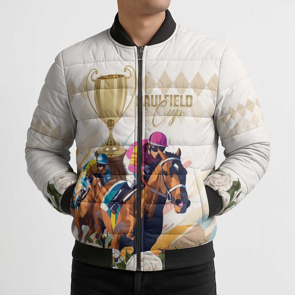 Australia Cup Caulfield Horse Racing Bomber Puffer Jacket Champion Trophy Mix White Roses - Wonder Print Shop