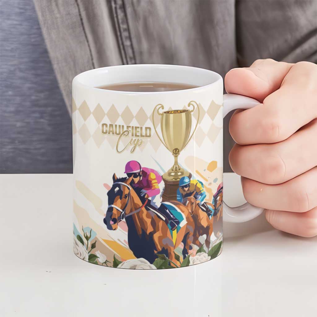 Australia Cup Caulfield Horse Racing Ceramic Mug Champion Trophy Mix White Roses - Wonder Print Shop