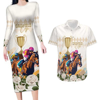 Australia Cup Caulfield Horse Racing Couples Matching Long Sleeve Bodycon Dress and Hawaiian Shirt Champion Trophy Mix White Roses - Wonder Print Shop