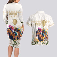 Australia Cup Caulfield Horse Racing Couples Matching Long Sleeve Bodycon Dress and Hawaiian Shirt Champion Trophy Mix White Roses - Wonder Print Shop