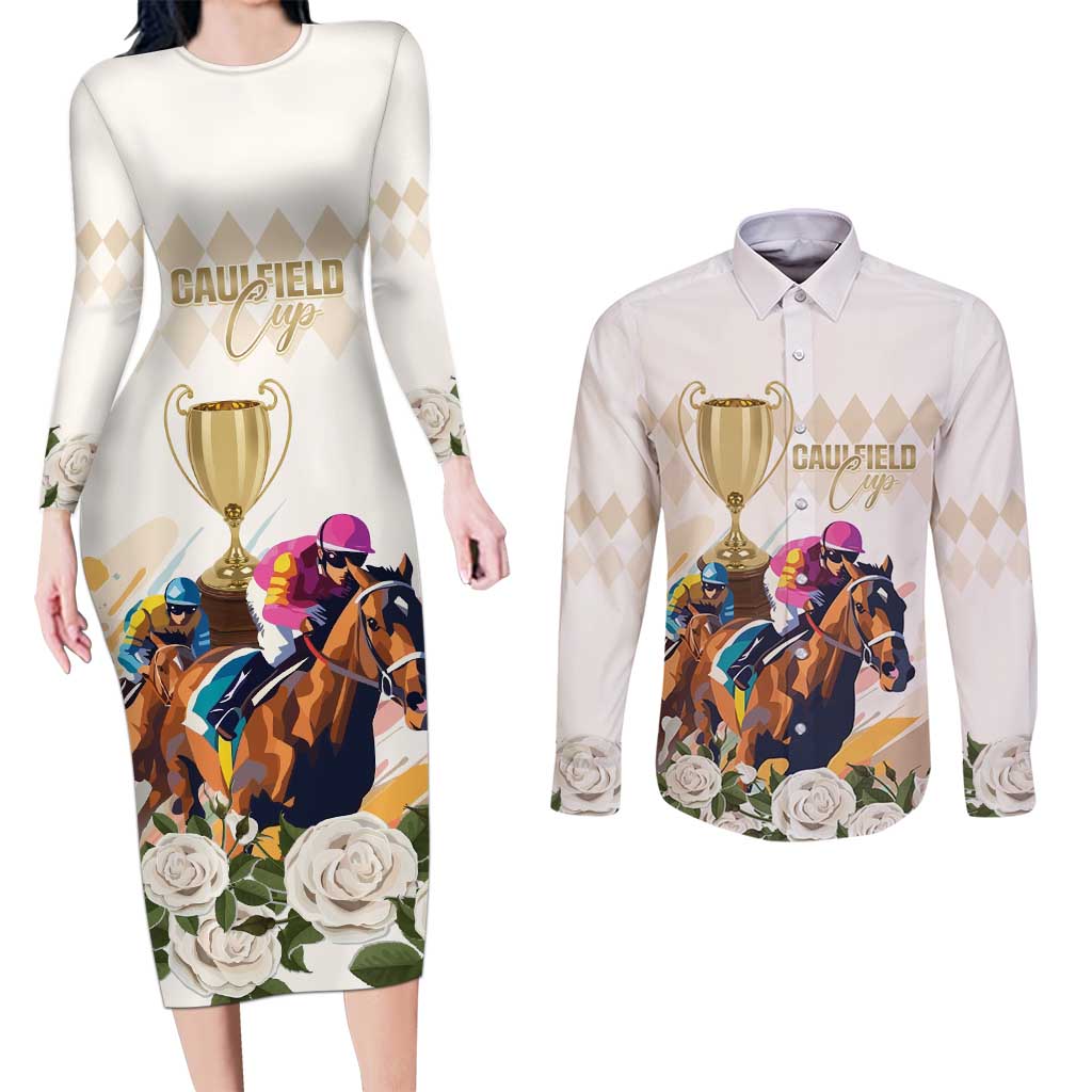 Australia Cup Caulfield Horse Racing Couples Matching Long Sleeve Bodycon Dress and Long Sleeve Button Shirt Champion Trophy Mix White Roses - Wonder Print Shop