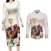 Australia Cup Caulfield Horse Racing Couples Matching Long Sleeve Bodycon Dress and Long Sleeve Button Shirt Champion Trophy Mix White Roses - Wonder Print Shop